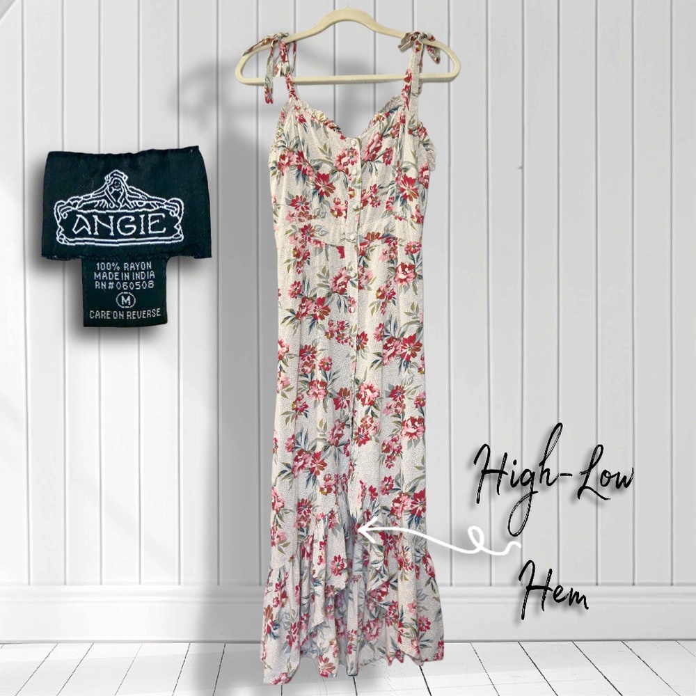 "Angie" Boho Hi-Low Hem Midi Floral Dress – Size M – Tie-Up Shoulder